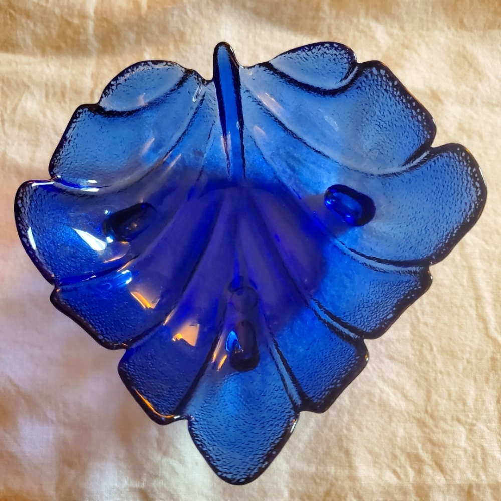 Cobalt Blue Leaf Shaped Bowl Vintage 6"